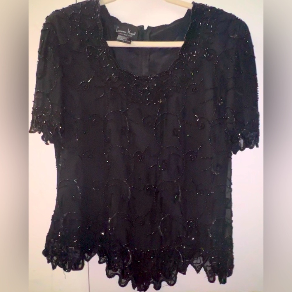 Laurence Kazar New York Black Silk Bead Sequin V-Neck Top